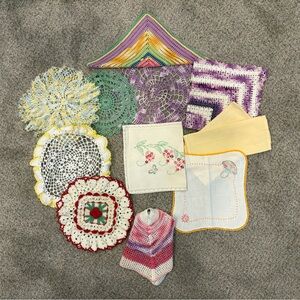 Lot Of Handmade VTG Embroidered / Crocheted Doilies / Table Linens / Dishcloths